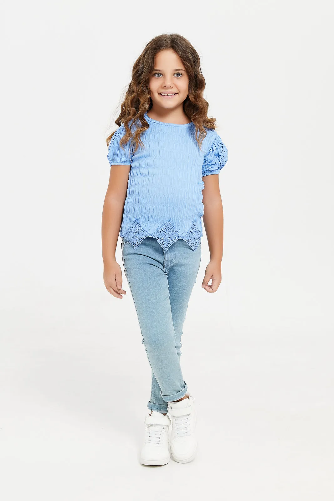 Girls Blue Jacquard T-Shirt With Lace