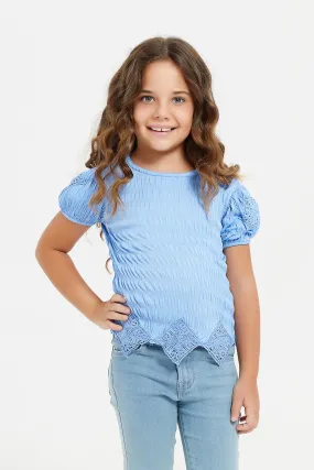Girls Blue Jacquard T-Shirt With Lace