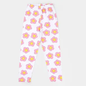 Girls Tights Pink Flowers - White