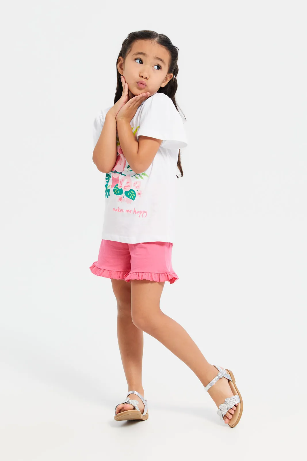 Girls White And Pink Shorts T-Shirt Set (2 Piece)