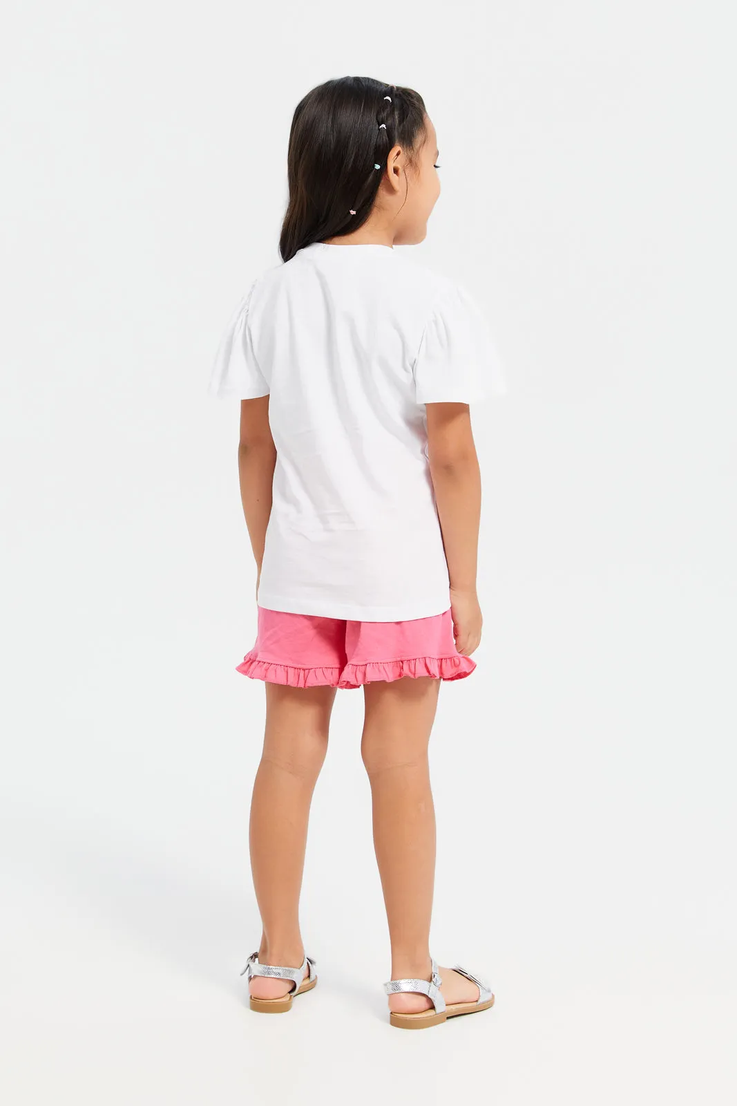 Girls White And Pink Shorts T-Shirt Set (2 Piece)