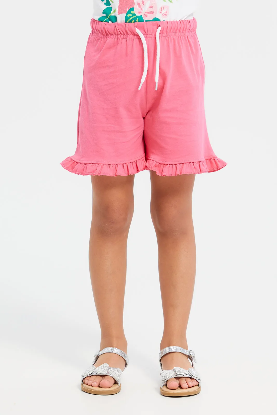 Girls White And Pink Shorts T-Shirt Set (2 Piece)