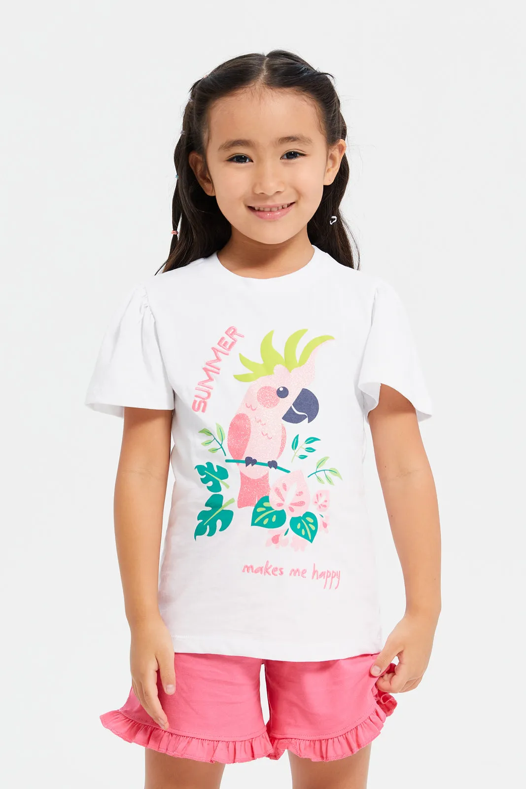 Girls White And Pink Shorts T-Shirt Set (2 Piece)