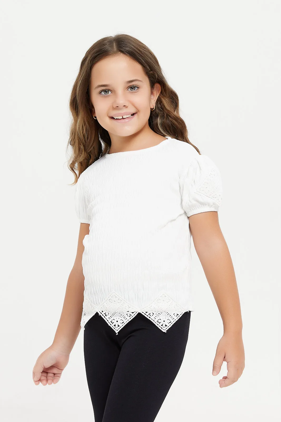 Girls White Jacquard T-Shirt With Lace