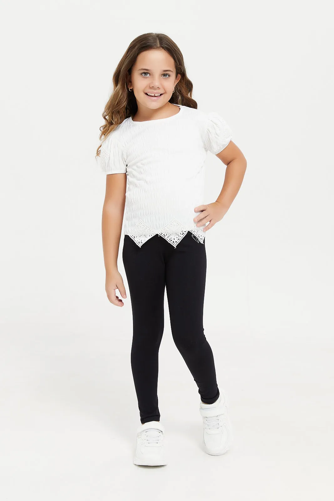 Girls White Jacquard T-Shirt With Lace