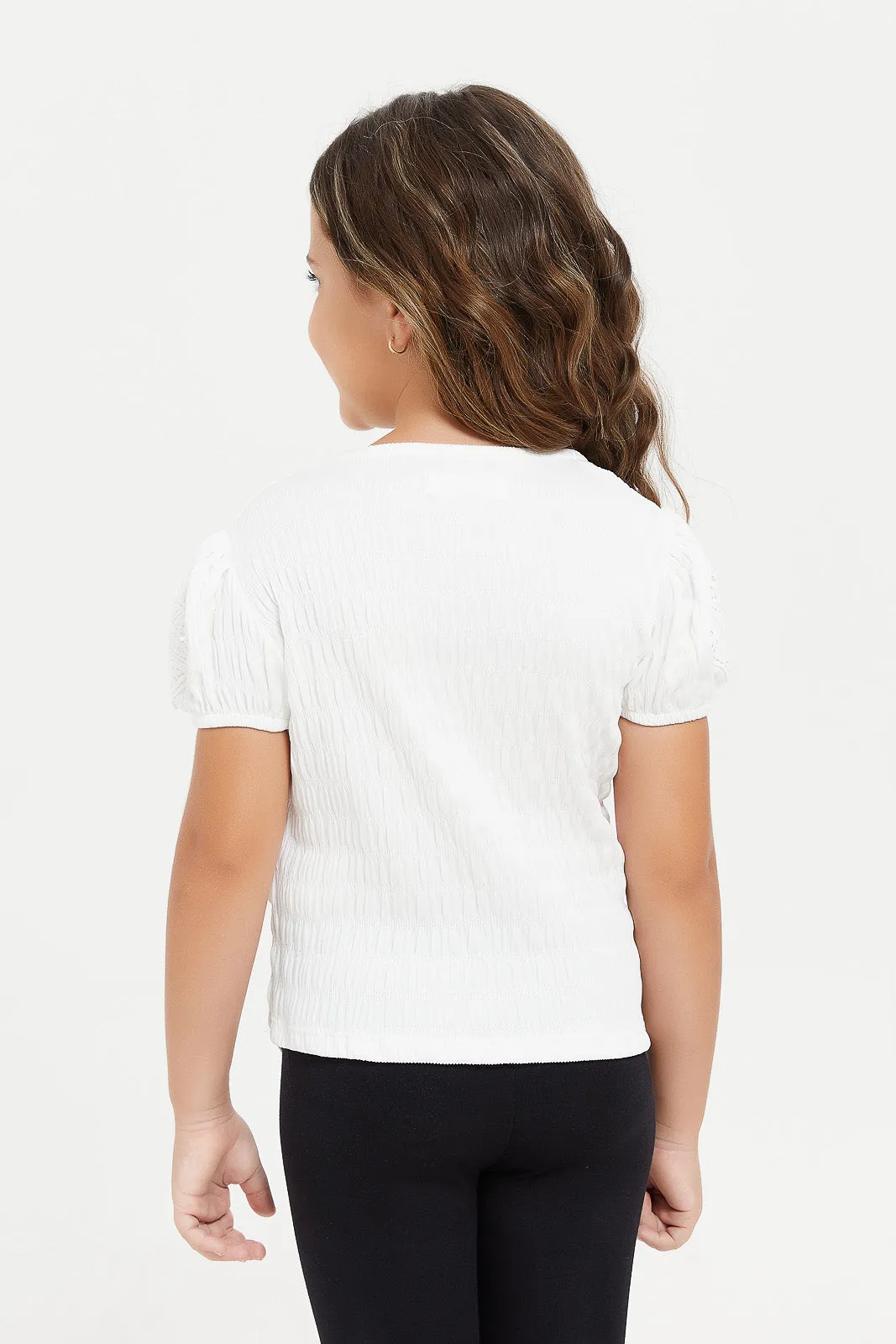 Girls White Jacquard T-Shirt With Lace