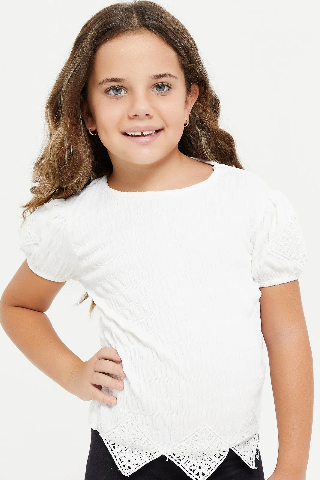 Girls White Jacquard T-Shirt With Lace