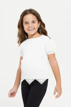 Girls White Jacquard T-Shirt With Lace