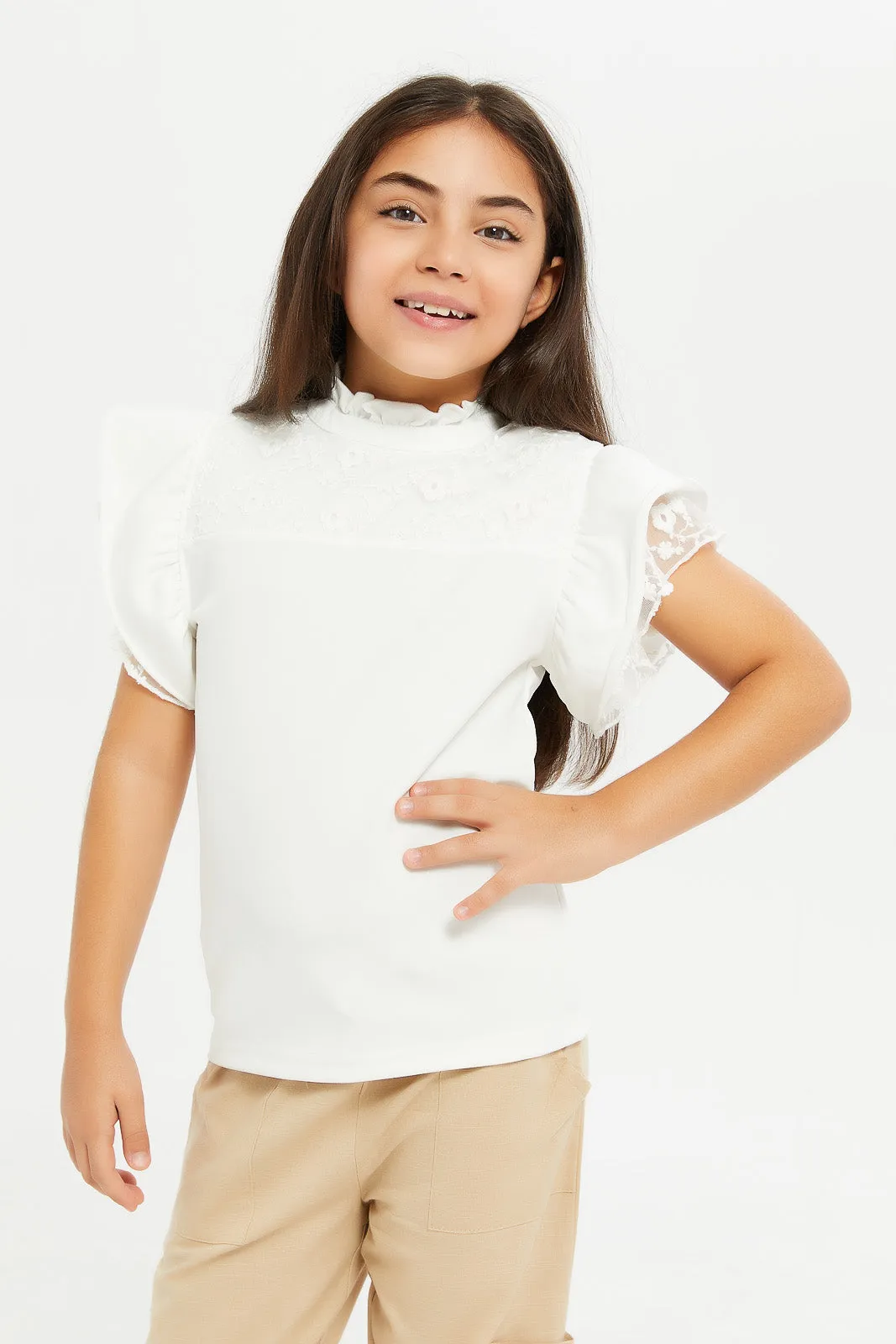 Girls White Lace Embellished T-Shirt