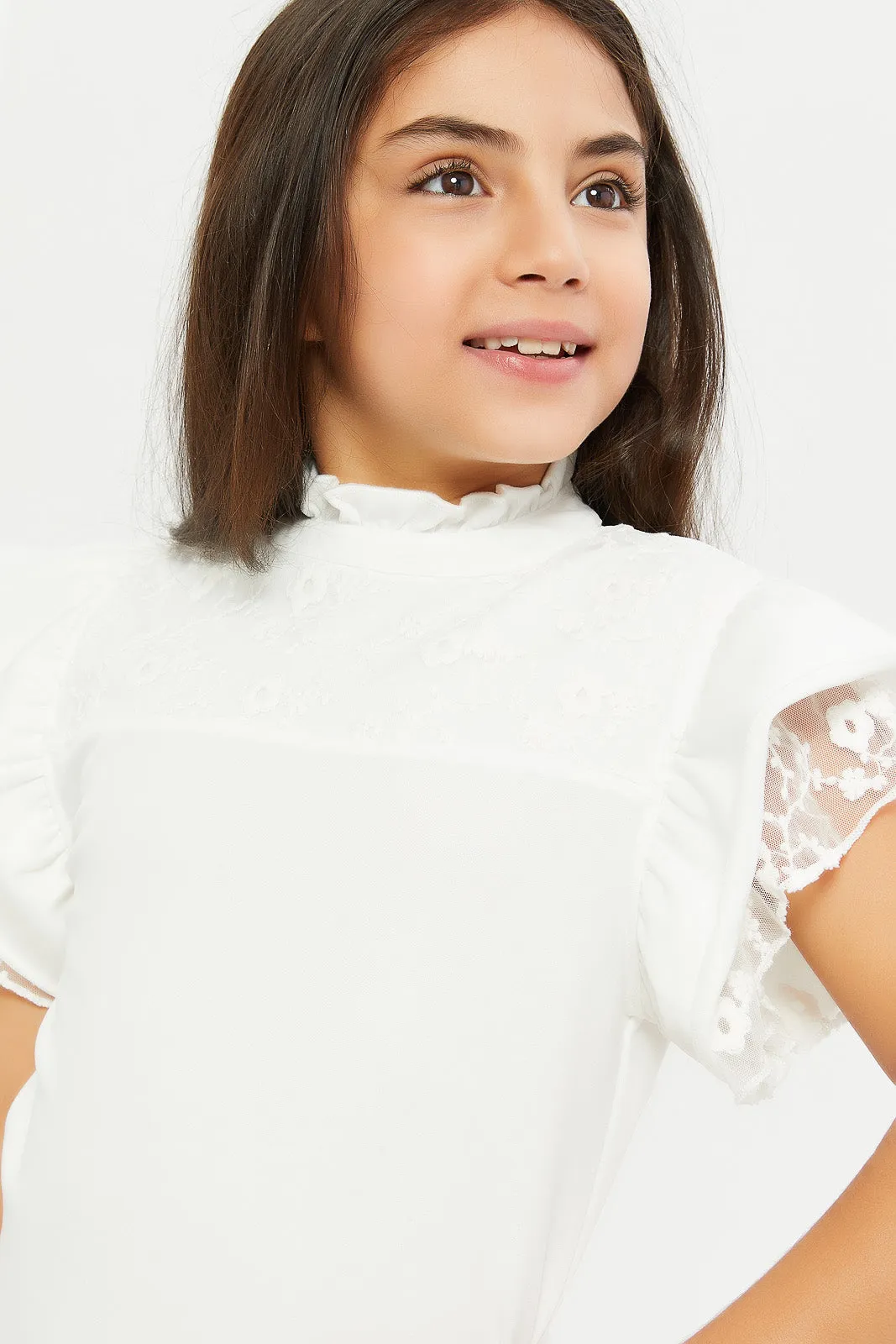 Girls White Lace Embellished T-Shirt