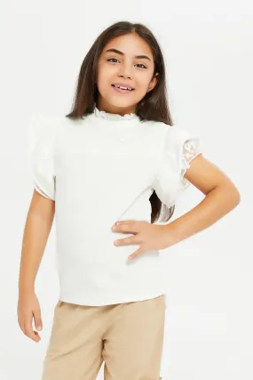 Girls White Lace Embellished T-Shirt
