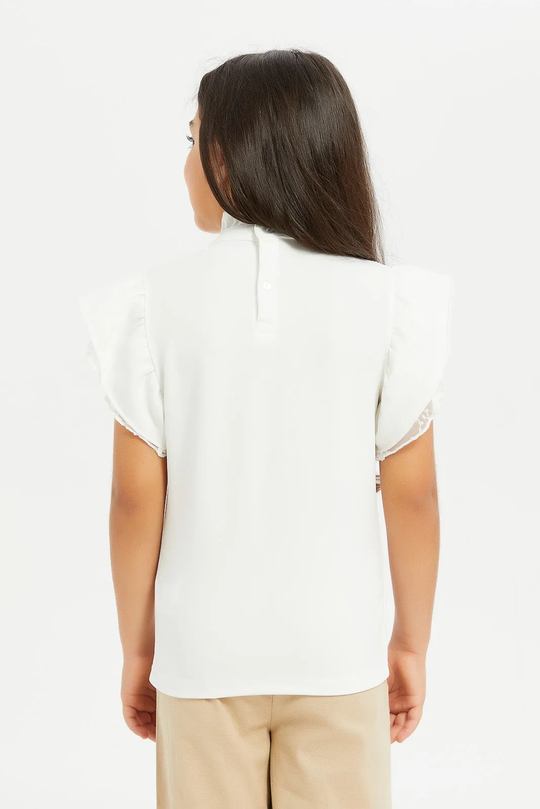 Girls White Lace Embellished T-Shirt