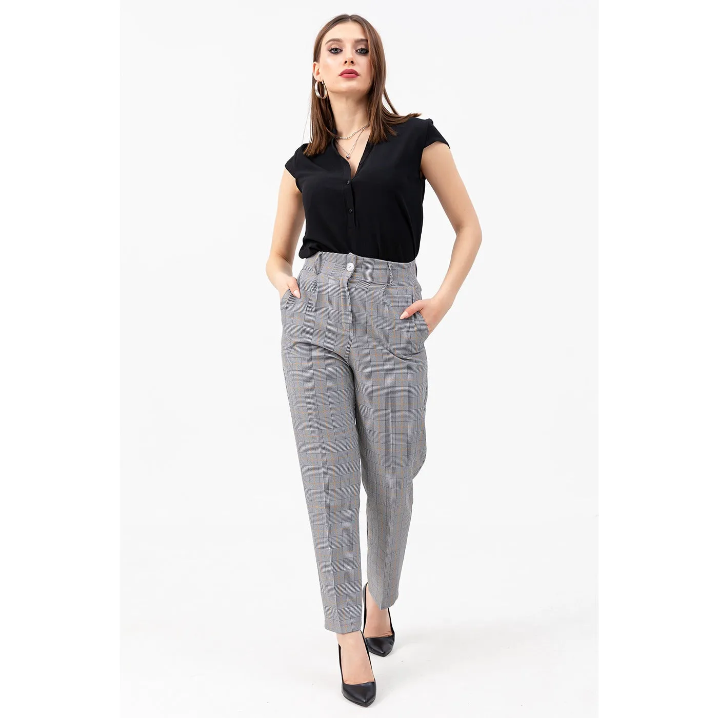 High Waist Plaid Mustard Trousers
