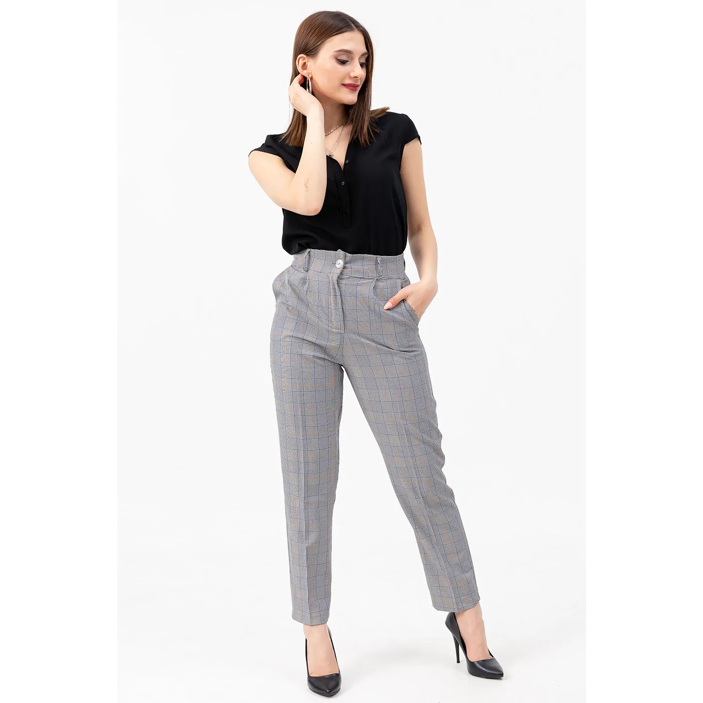 High Waist Plaid Mustard Trousers