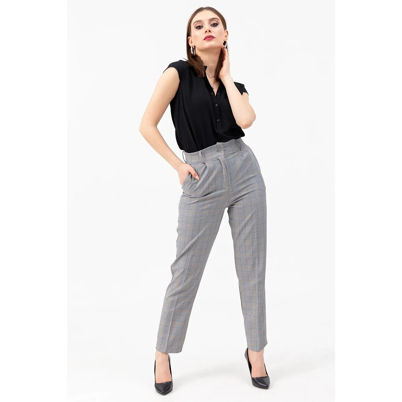 High Waist Plaid Mustard Trousers