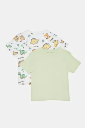 Infant Boys White Dino Print T-Shirt Set (Pack of 2)