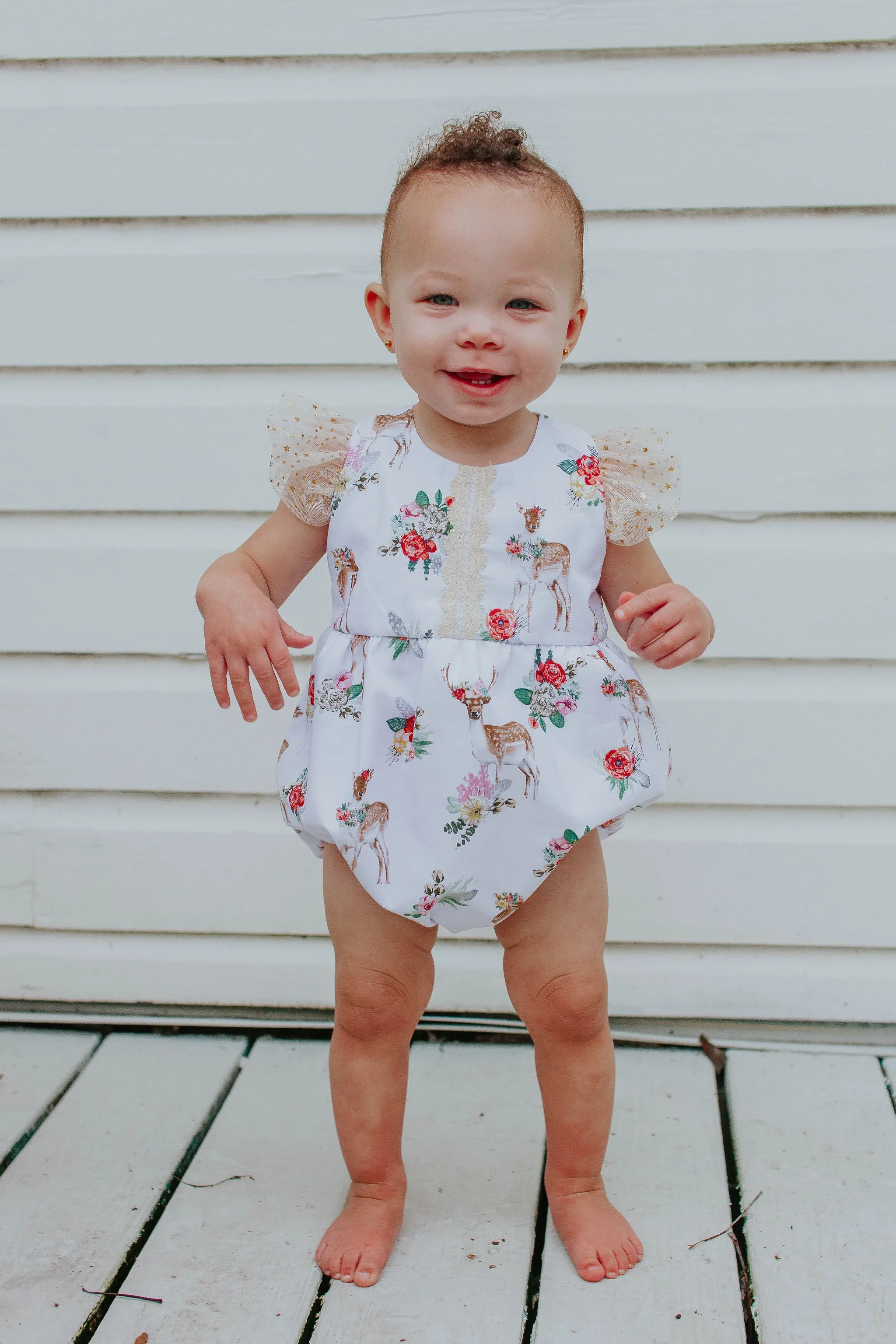 Infant Girl's Woodland Creatures Wonderland Bubble Romper with Tulle Sleeves