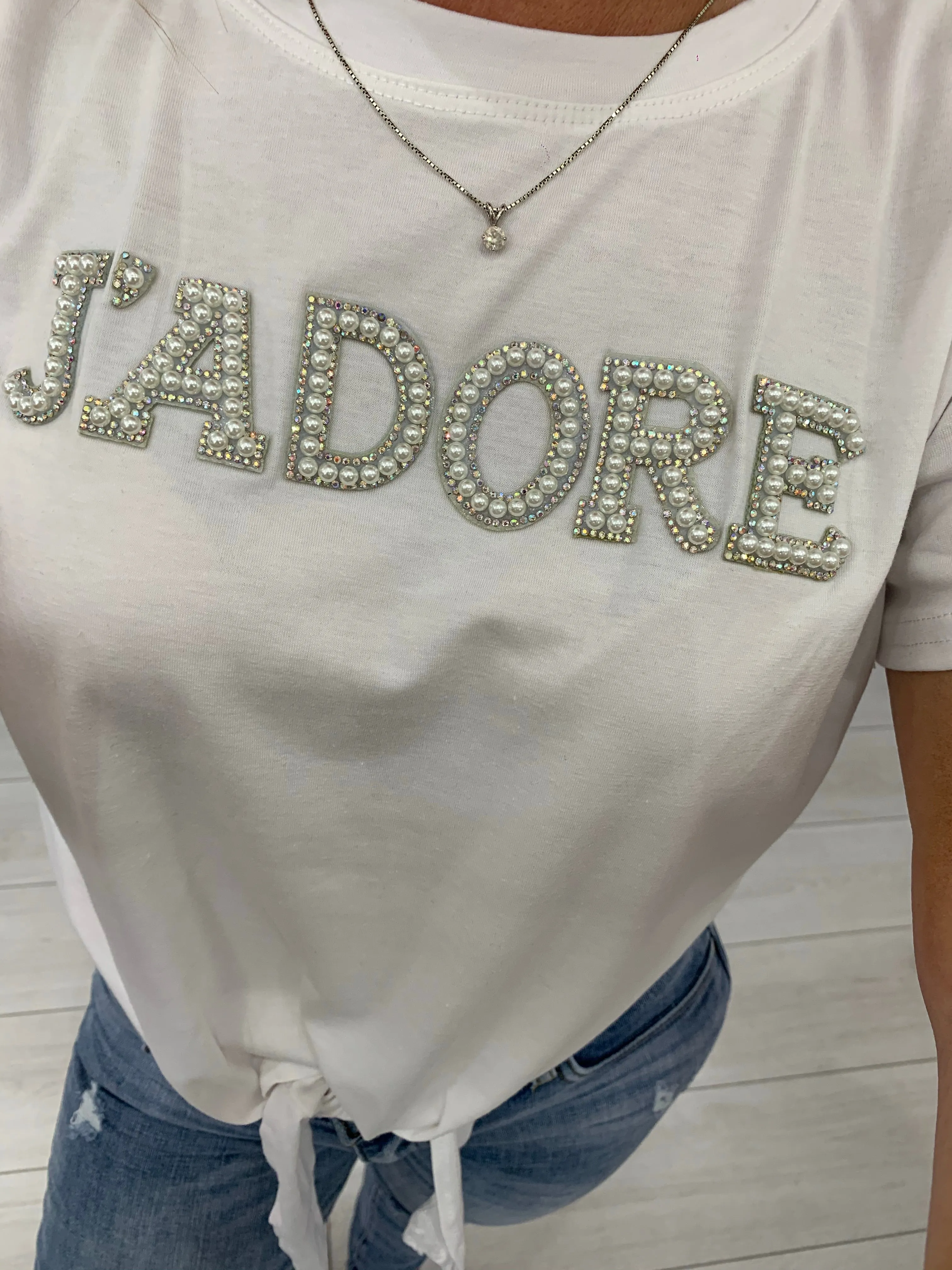 Jadore pearl and diamanté embellished tie t shirt