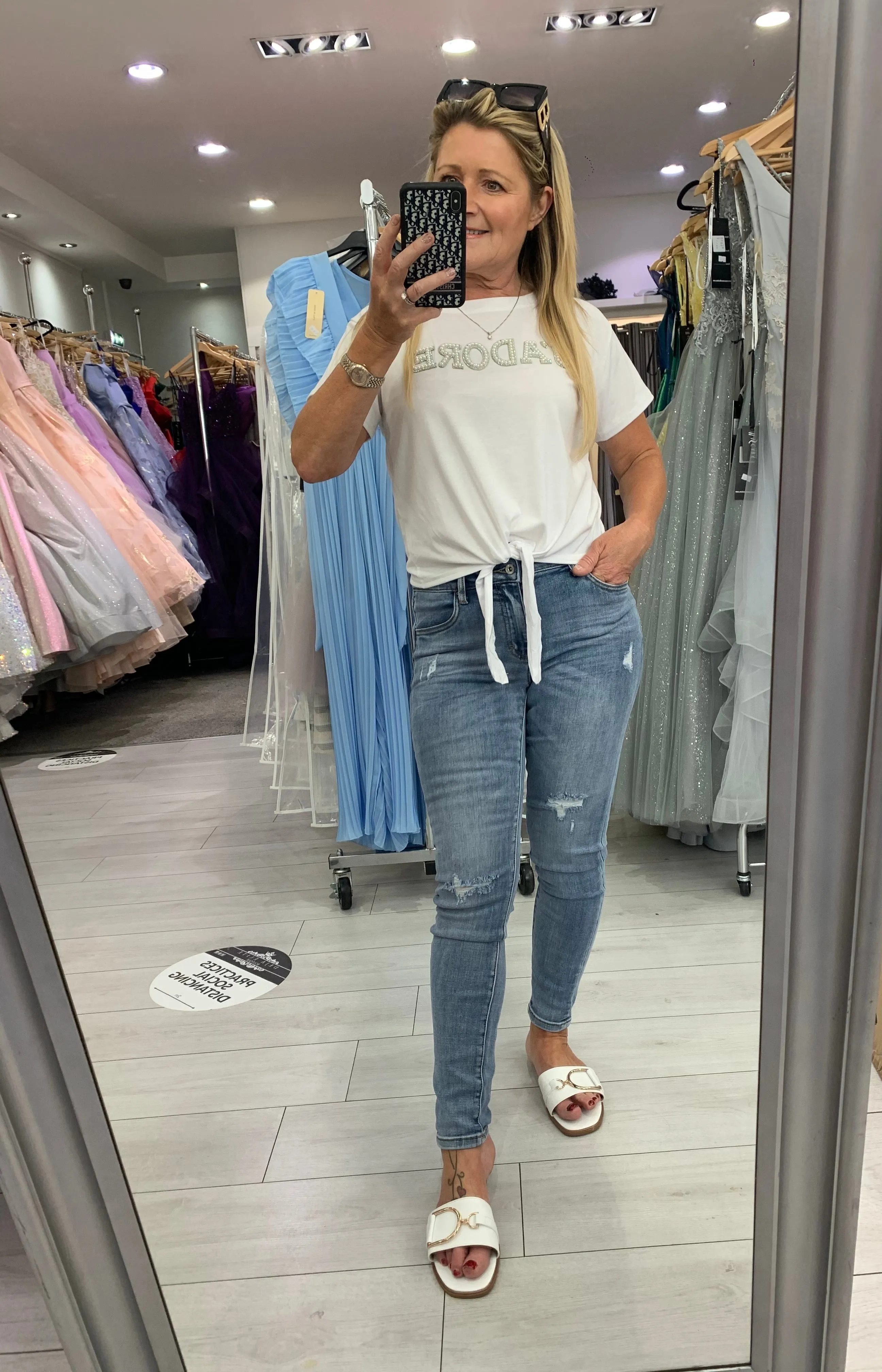 Jadore pearl and diamanté embellished tie t shirt