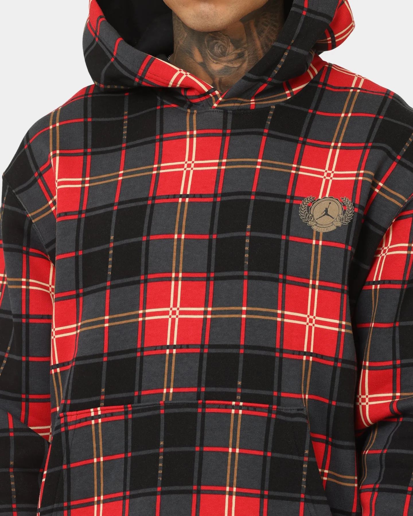 Jordan Essential Holiday Plaid Fleece Pullover Hoodie Fire Red