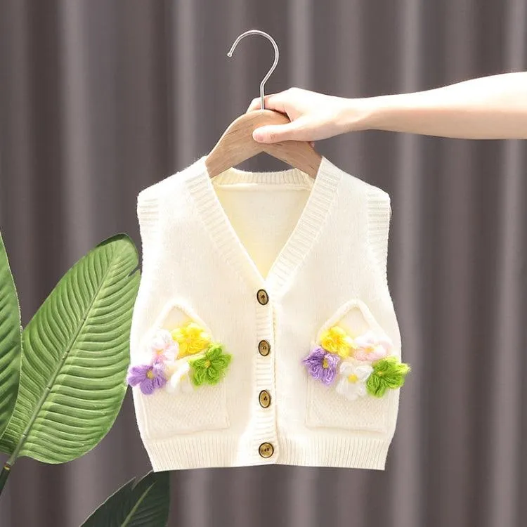 Knitted Floral Sweater Vest for Baby Girls