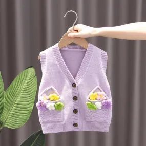 Knitted Floral Sweater Vest for Baby Girls
