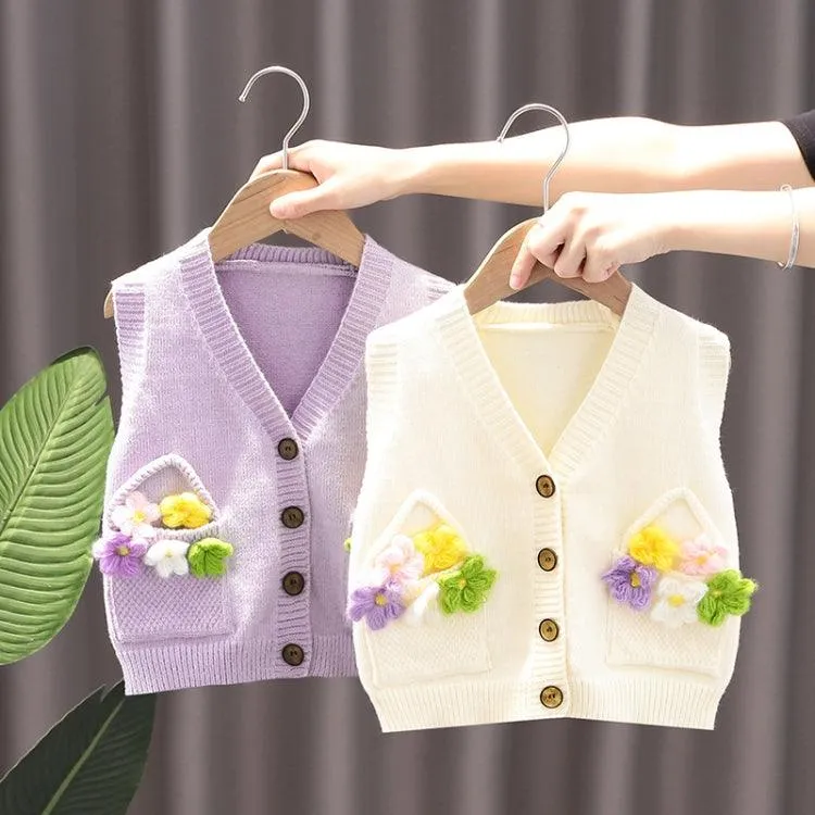 Knitted Floral Sweater Vest for Baby Girls