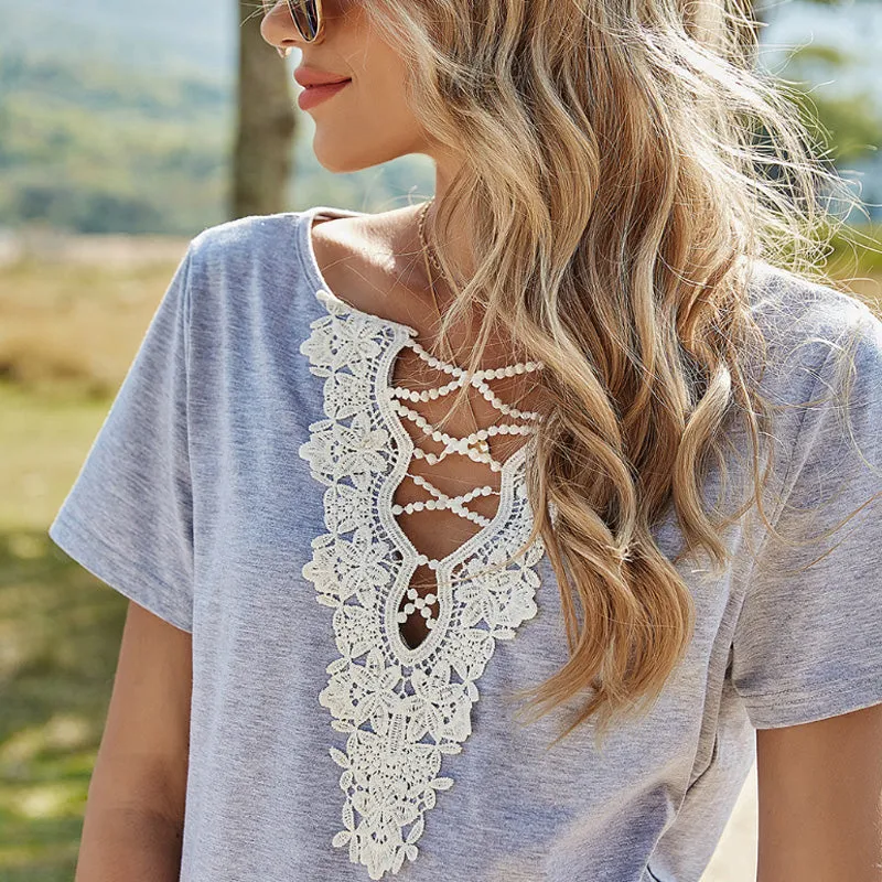 Lace V-neck short-sleeved t-shirt