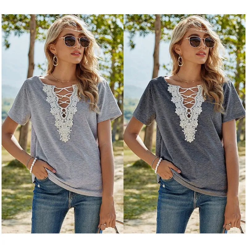 Lace V-neck short-sleeved t-shirt