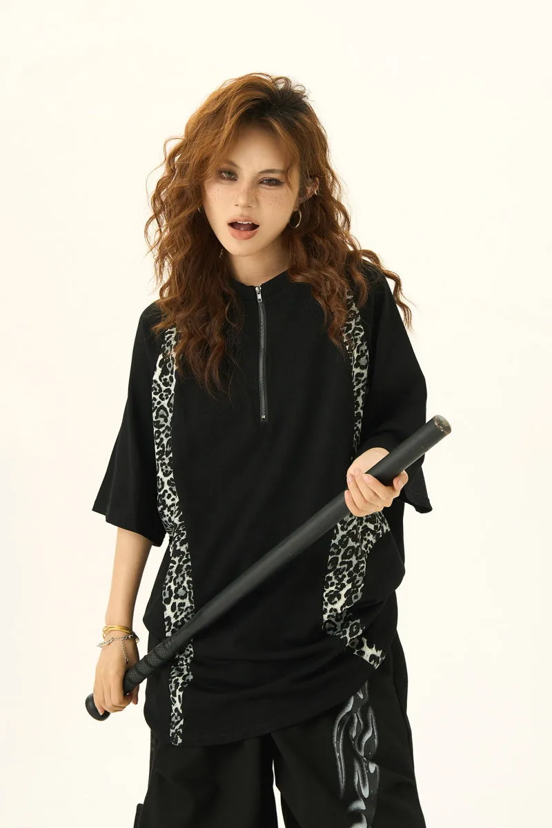 Leopard Print Stitching Design Short Sleeve T-Shirt Loose Slim Top