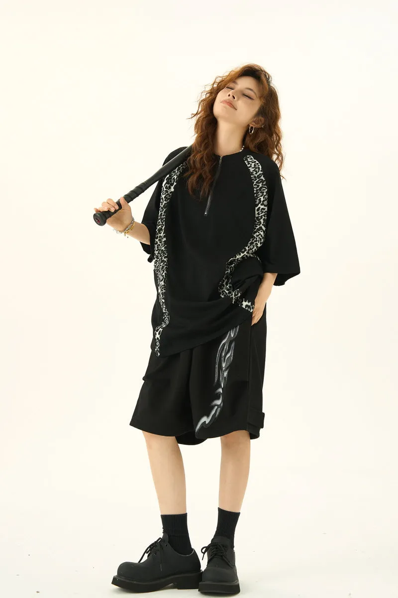 Leopard Print Stitching Design Short Sleeve T-Shirt Loose Slim Top