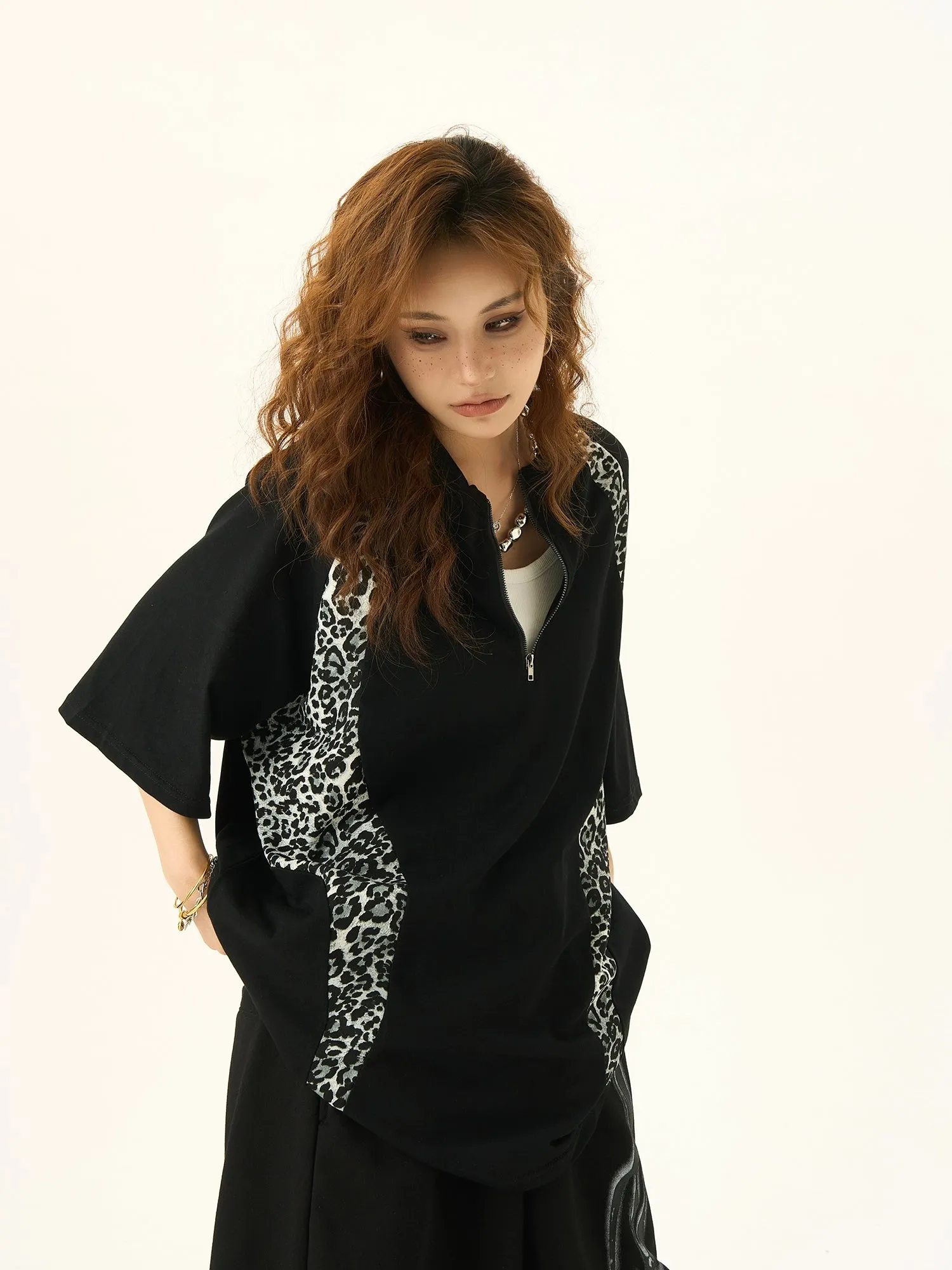 Leopard Print Stitching Design Short Sleeve T-Shirt Loose Slim Top