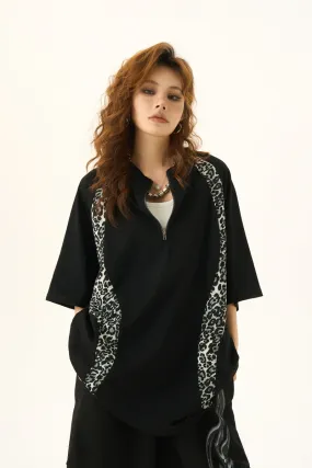 Leopard Print Stitching Design Short Sleeve T-Shirt Loose Slim Top