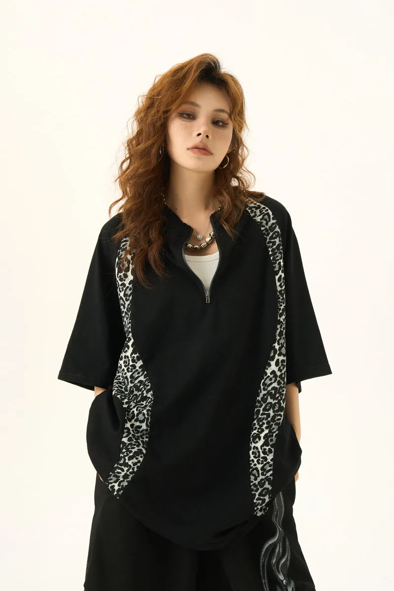 Leopard Print Stitching Design Short Sleeve T-Shirt Loose Slim Top