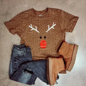 LEOPARD REINDEER GLITTER NOSE T-SHIRT