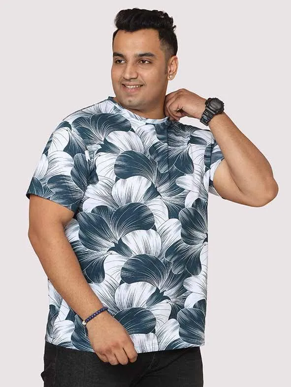 Men Plus Size Big Grey Flower Digital Printed Round Neck T-Shirt