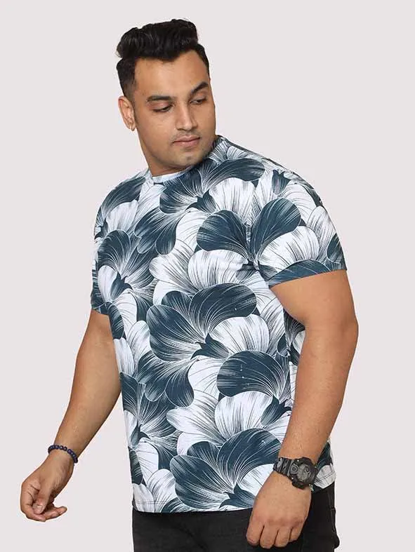 Men Plus Size Big Grey Flower Digital Printed Round Neck T-Shirt