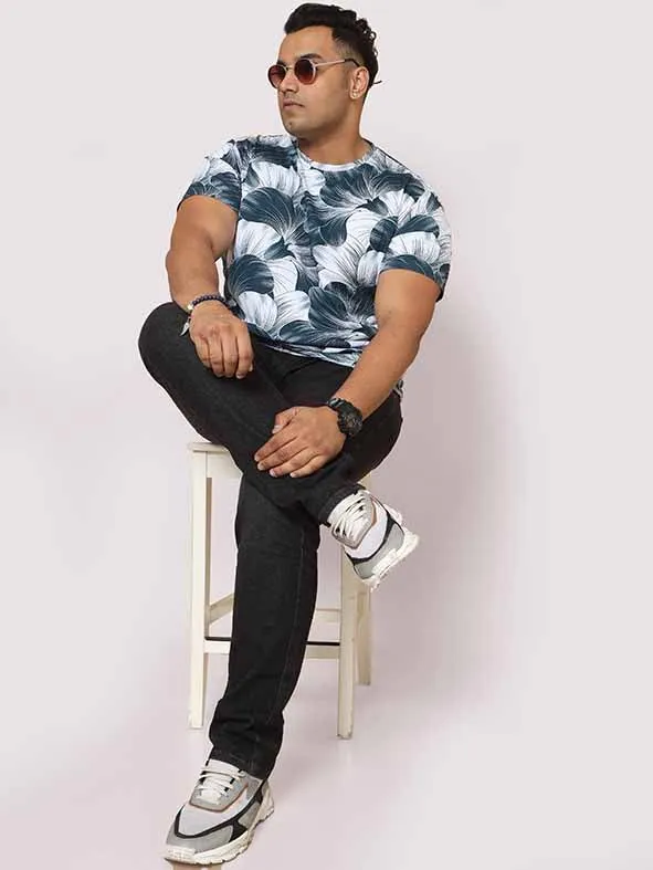 Men Plus Size Big Grey Flower Digital Printed Round Neck T-Shirt