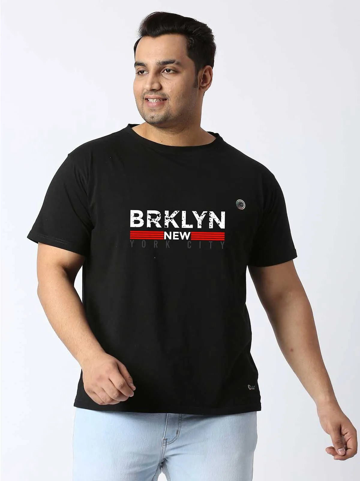 Men Plus Size Black Brooklyn Printed Round Neck T-Shirt