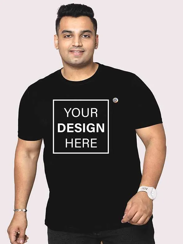 Men Plus Size Black Front Customised Printed Round Neck T-Shirt