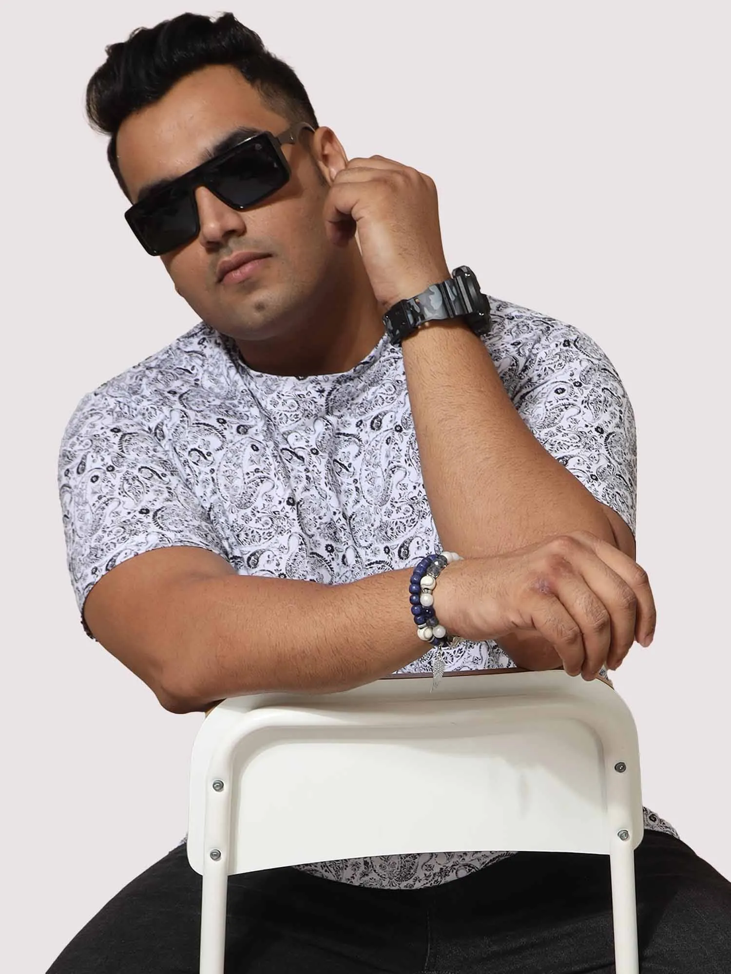Men Plus Size Black Paisley Digital Printed POLO COLOUR T-Shirt