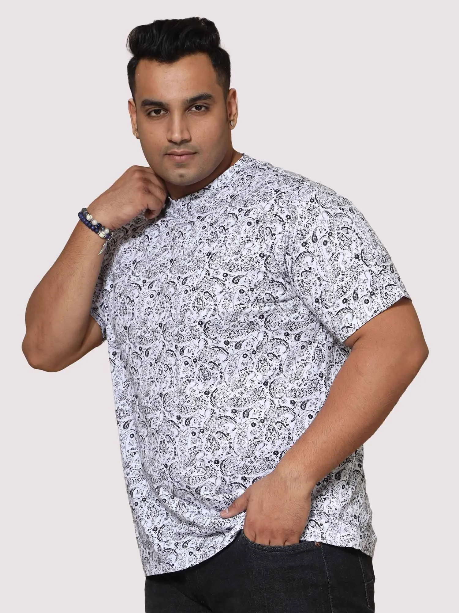Men Plus Size Black Paisley Digital Printed POLO COLOUR T-Shirt