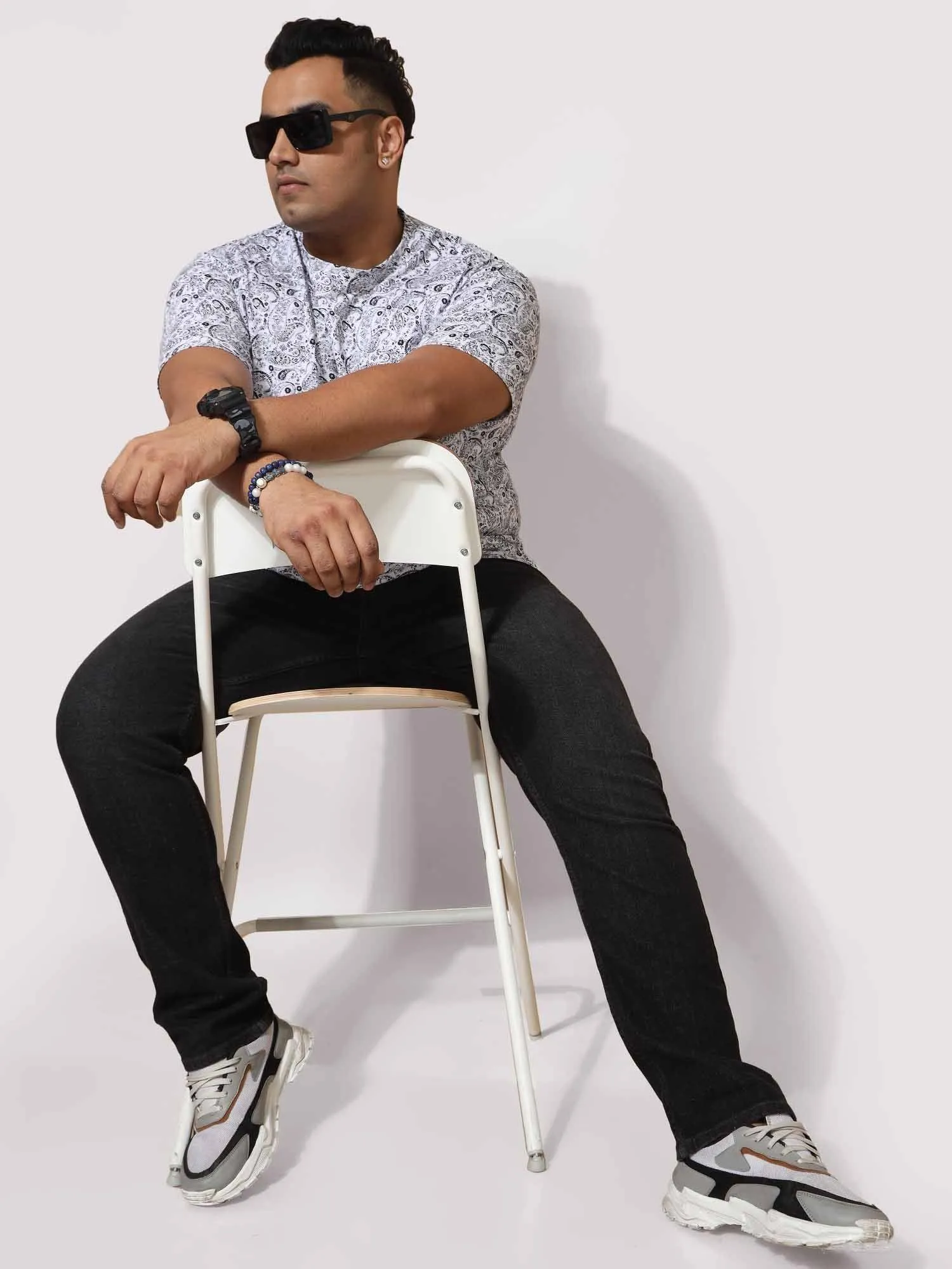 Men Plus Size Black Paisley Digital Printed POLO COLOUR T-Shirt