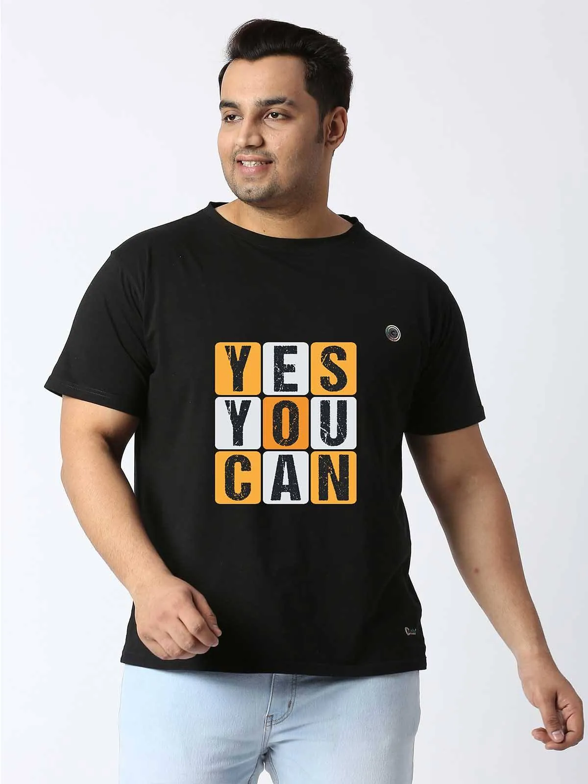 Men Plus Size Black Yes You Can Printed Round Neck T-Shirt