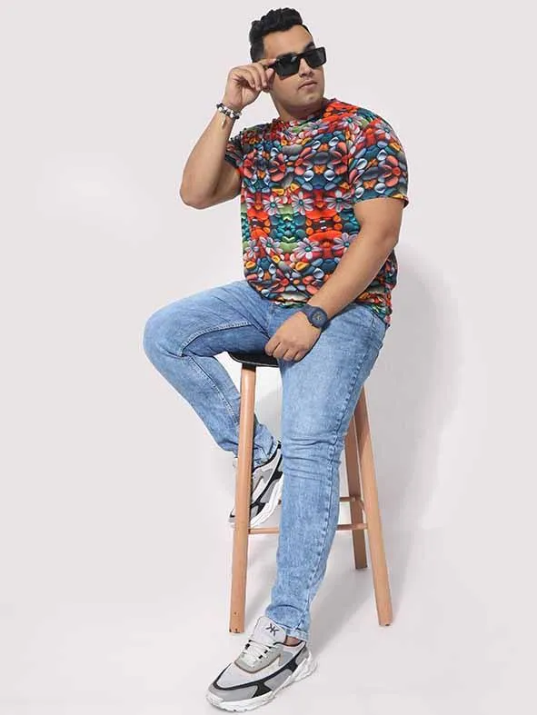 Men Plus Size Flower Mirror Digital Printed Round Neck T-Shirt