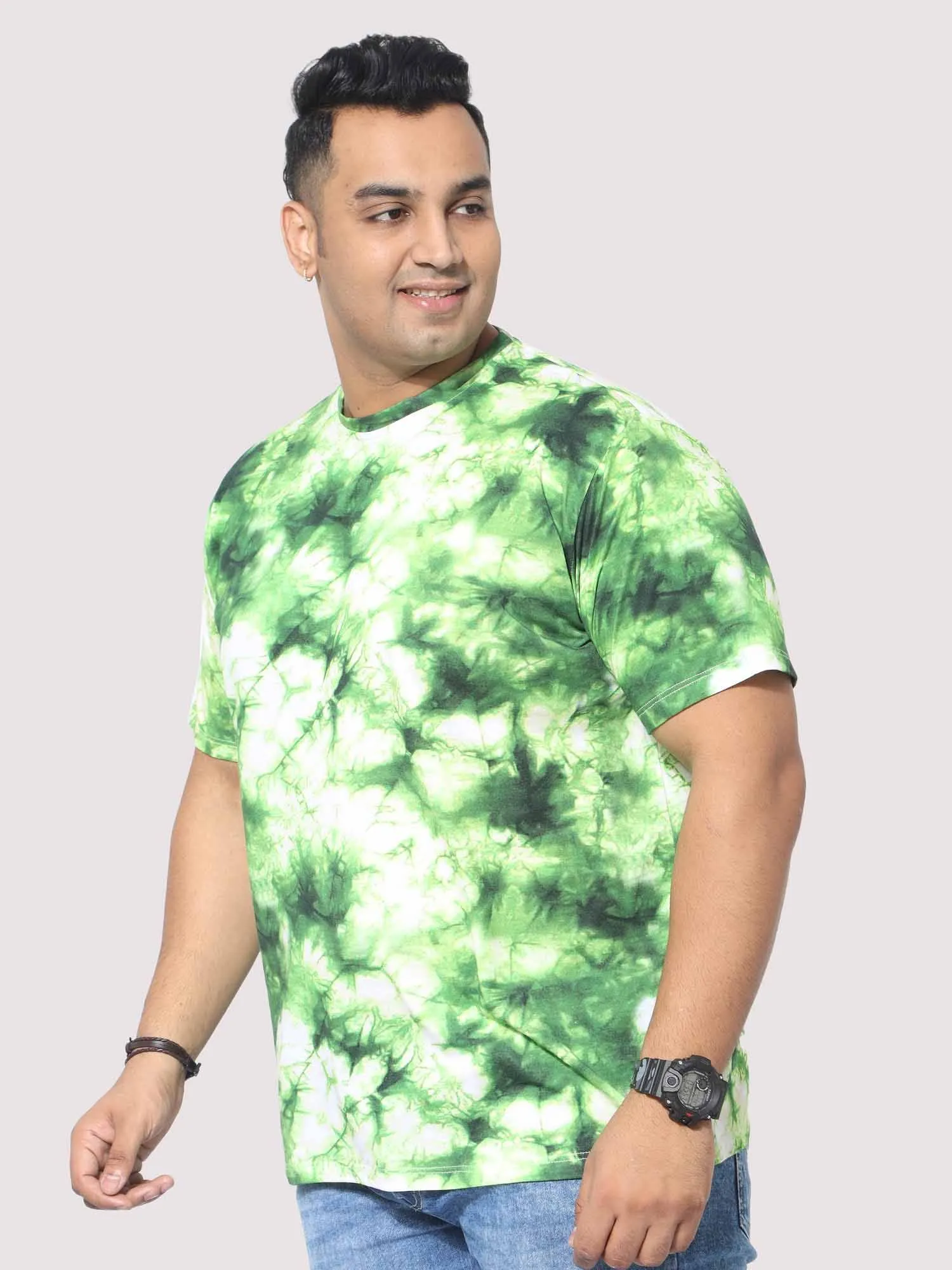 Men Plus Size Green Tie Dye Texture Digital Printed Round Neck T-Shirt
