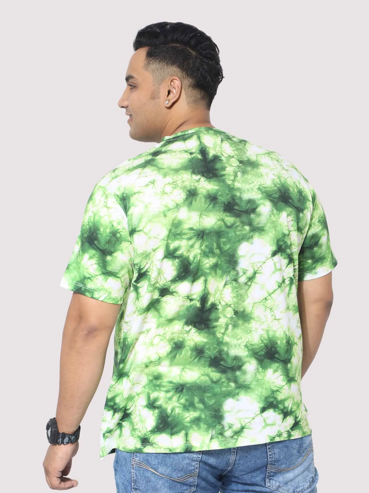 Men Plus Size Green Tie Dye Texture Digital Printed Round Neck T-Shirt
