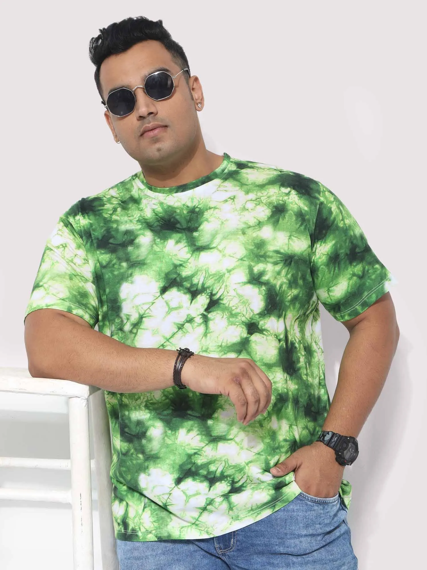 Men Plus Size Green Tie Dye Texture Digital Printed Round Neck T-Shirt