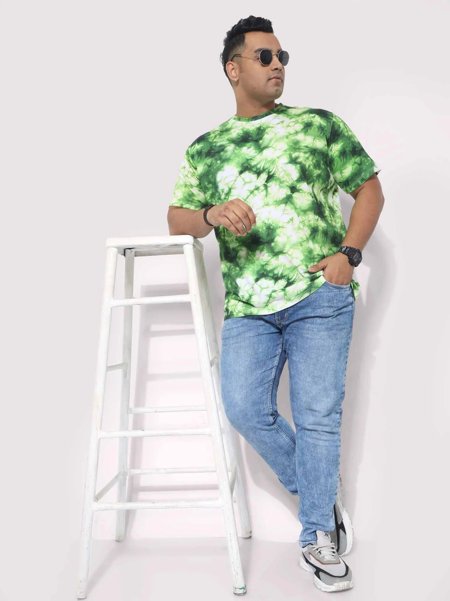 Men Plus Size Green Tie Dye Texture Digital Printed Round Neck T-Shirt