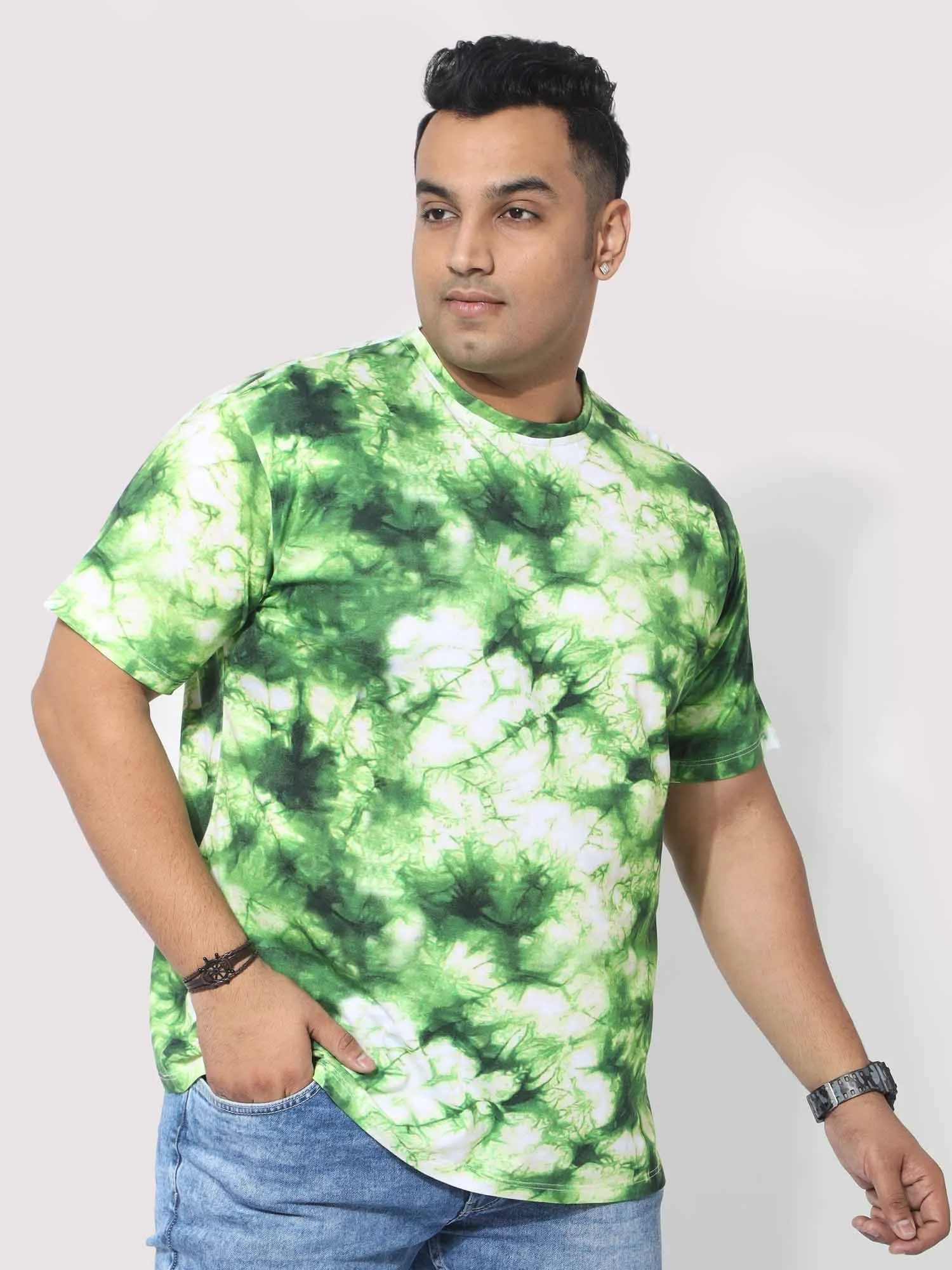 Men Plus Size Green Tie Dye Texture Digital Printed Round Neck T-Shirt